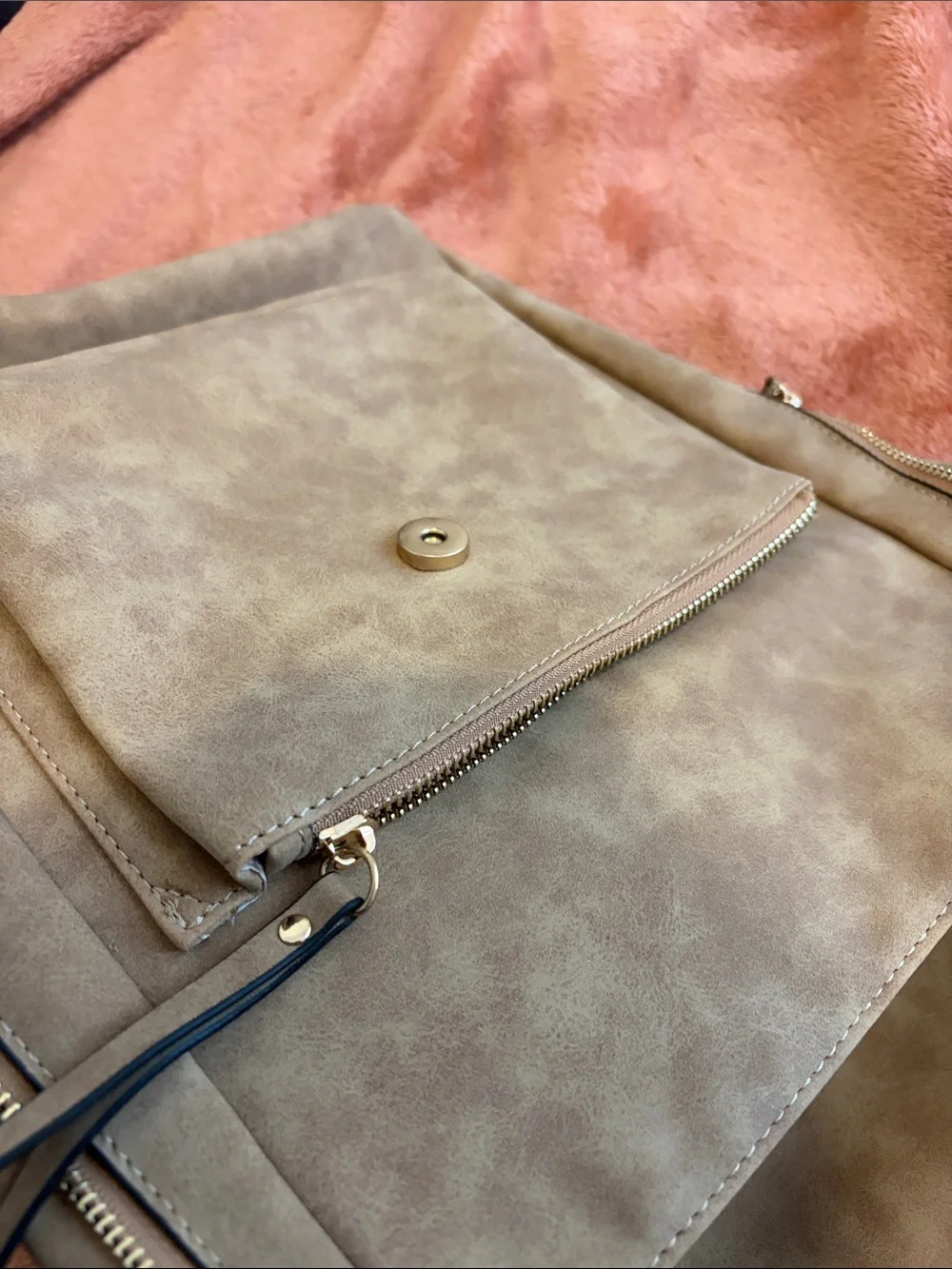 Tan Suede-Style Backpack with Woven Front Flap